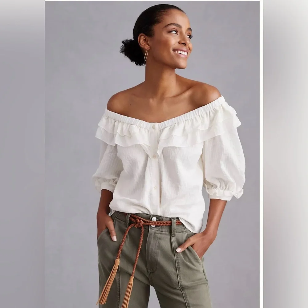 Mauve by Anthropologie Ruffle-Neck Puff-Sleeved Off the Shoulder in Ivory Sz XS